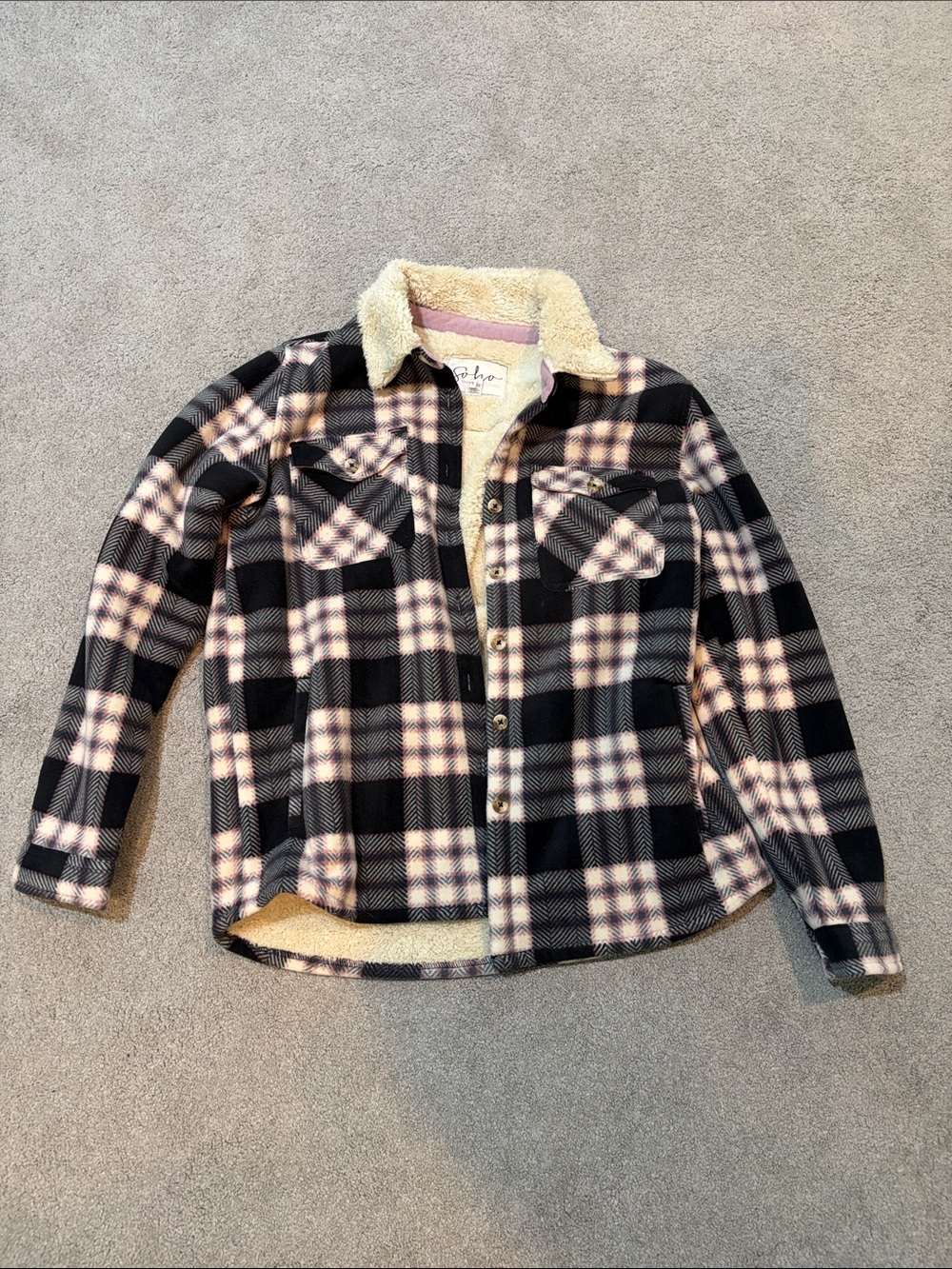Plaid Sherpa-Lined Button-Up Jacket - Black & Pink